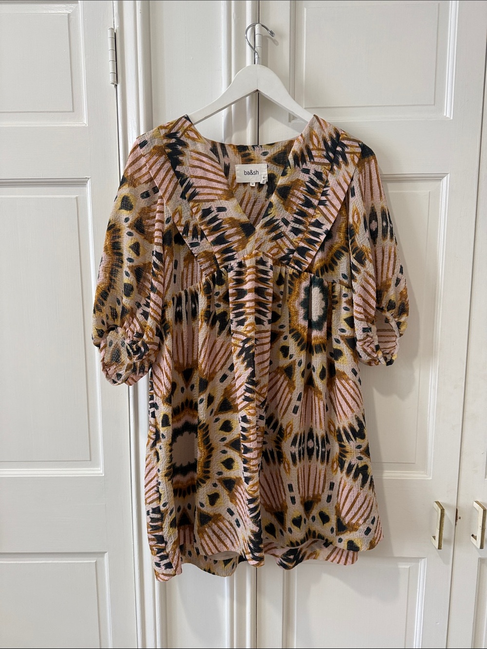 ba&sh Pink Tan and Black Printed V-Neck Dress